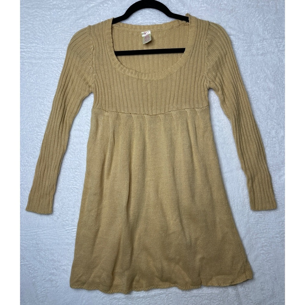 Chilli Pepper Sweater Dress Women M Tan Y2K Ribbed Empire Waist Long Sleeve